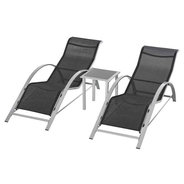 Set 2 sezlonguri cu masa de gradina, Outsunny, Metal/Textil, Rezistent la apa, 59 x 169 x 66 cm, Negru