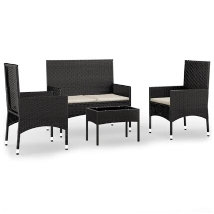 Set mobilier relaxare gradina cu perne poliratan vidaXL, 4 piese, Negru, 19 kg