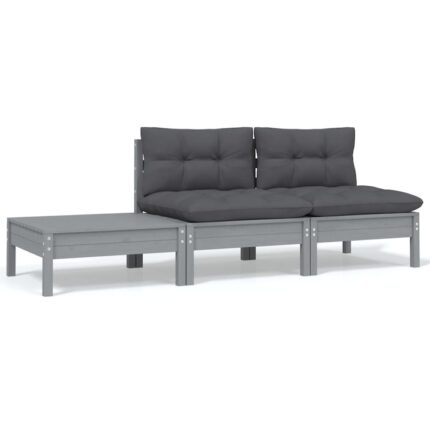 Set mobilier de gradina cu perne vidaXL, 3 piese, gri, lemn masiv pin, 63.5 x 63.5 x 62.5 cm, 20.15 kg