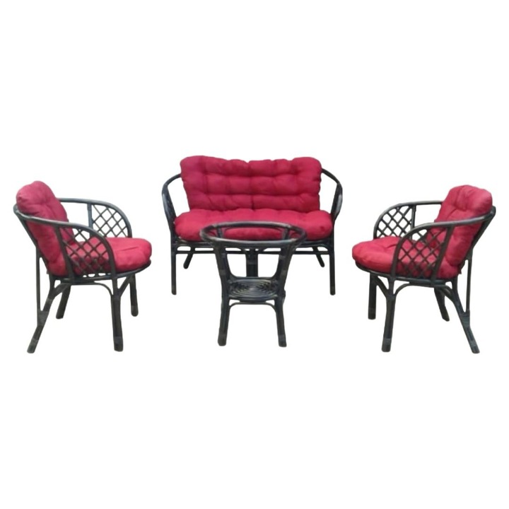 Set mobilier de gradina Bali cu perne visiniu, 4 piese, Cadru robust si usor, Maro, Ratan