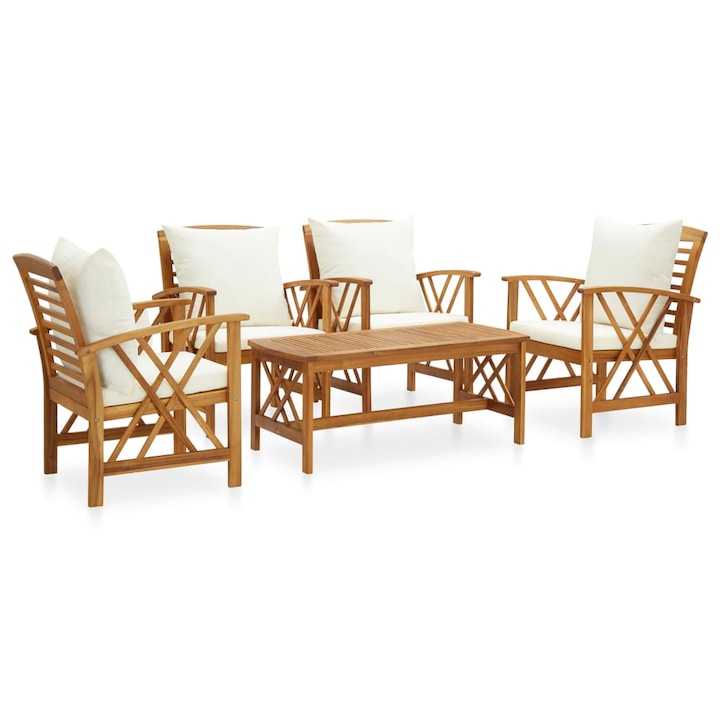 Set mobilier de exterior/gradina din lemn masiv de acacia cu 5 piese cu perne, vidaXL, Lemn, 102 x 50 x 43 cm, Maro