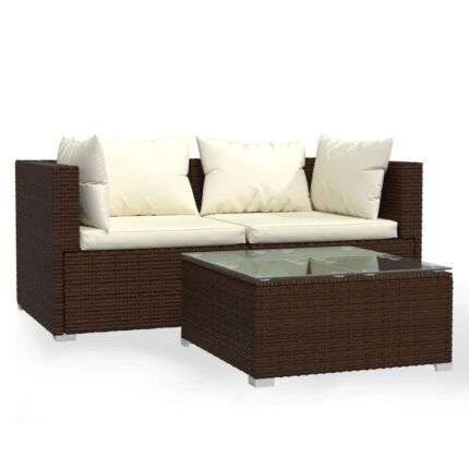 Set mobilier de gradina cu perne vidaXL, 3 piese, maro, poliratan, 60 x 60 x 30 cm
