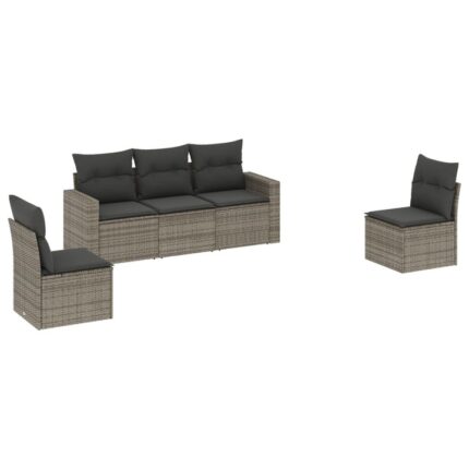 Set canapea de gradina cu perne vidaXL, 5 piese, gri, poliratan, 22.8 Kg