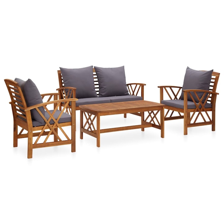 Set mobilier de exterior cu 3 fotolii si 1 masa, cu perne gri vidaXL, Lemn, 43 x 102 x 50 cm, Maro