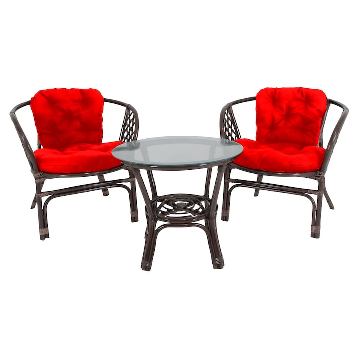 Set mobilier de gradina Bali cu perne rosii, 3 piese, Cadru robust si usor, maro, Ratan