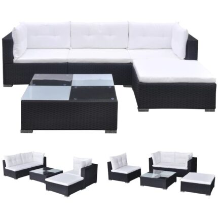Set mobilier de gradina cu perne, 5 piese, negru, poliratan