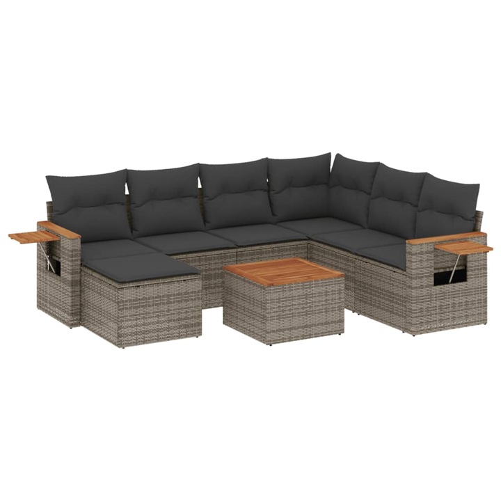 gri Set canapele de gradina cu perne vidaXL, 8 piese, gri, poliratan, 61.58 Kg, Rezistenta la raze UV, Picioare reglabile din plastic