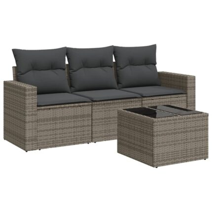 Set canapea de gradina cu perne vidaXL, 4 piese, gri, poliratan, 29.4 Kg