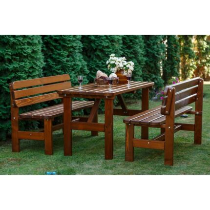 Set mobilier gradina/terasa Lux, masa 150 cm x 70 cm, 2 banci x 150 x 42 cm, lemn lacuit