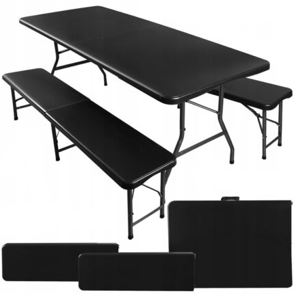 Set masa cu 2 banci pliabile tip valiza pentru gradina, camping, terase, 180x74x74cm, negru