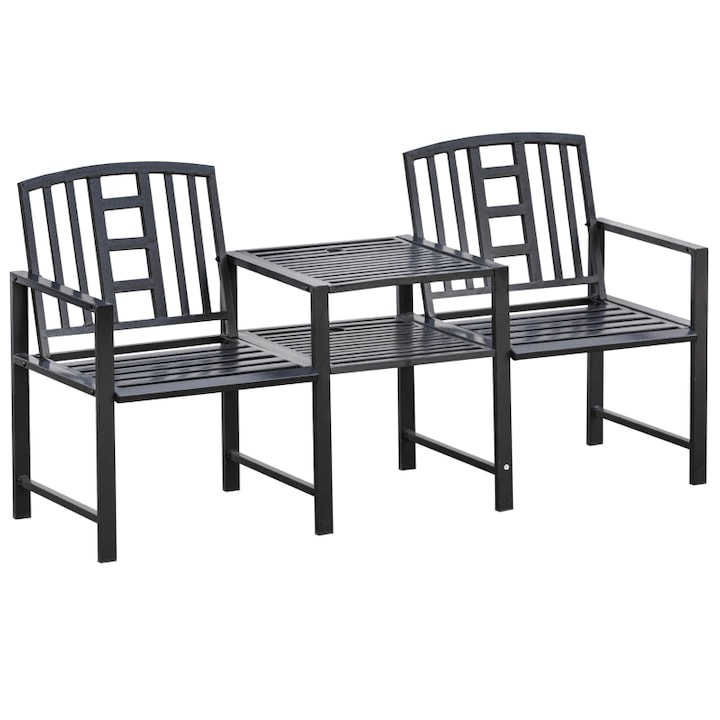 Set 2 Scaune cu Masuta de cafea si gaura pentru Umbrela in metal, Negru