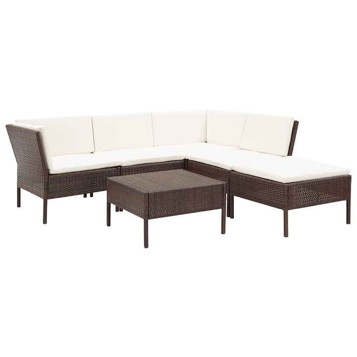 Set mobilier de gradina 6 piese, masa cu canapea coltar, vidaXL, Poliratan, 60 x 60 x 35 cm, Maro/Alb