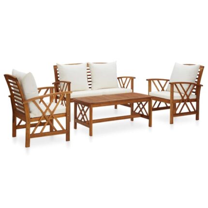 Set mobilier de exterior cu 3 fotolii si 1 masa, cu perne albe, vidaXL, Lemn, 43 x 102 x 50 cm, Maro