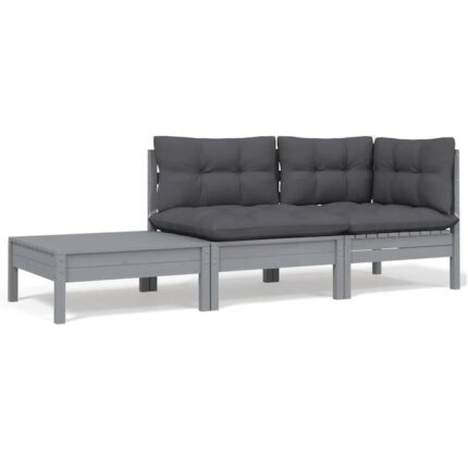 Set mobilier de gradina/terasa/exterior/balcon din 3 piese cu perne incluse vidaXL, Lemn, 63.5 x 63.5 x 62.5 cm, Gri/Antracit