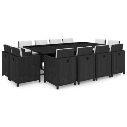 Set mobilier gradina/terasa/exterior 13 piese, vidaXL, Poliratan/Sticla, 225 x 109 x 74 cm, Negru, perne incluse