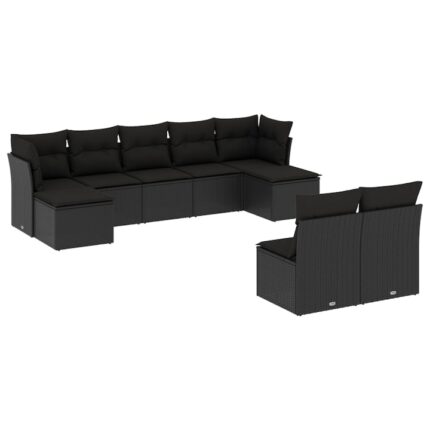 Set mobilier de gradina cu perne vidaXL, 9 piese, negru, poliratan, 35.4 Kg