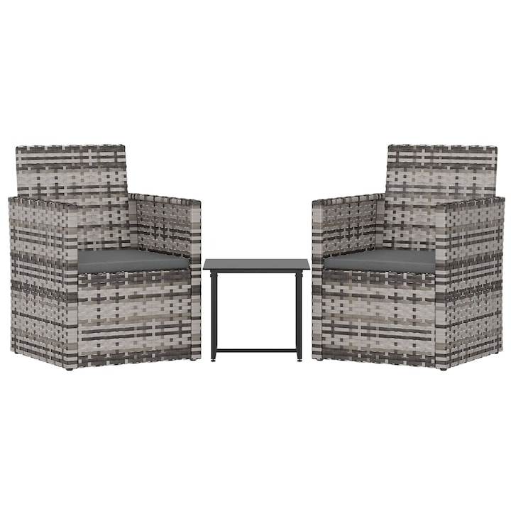 Set mobilier de exterior cu perne vidaXL, 3 piese, gri, poliratan, 40 x 40 x 37 cm