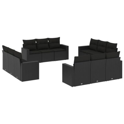 Set canapele de gradina vidaXL, 12 piese, cu perne, negru, poliratan, 41.4 Kg, Rezistenta la raze UV, Picioare reglabile din plastic