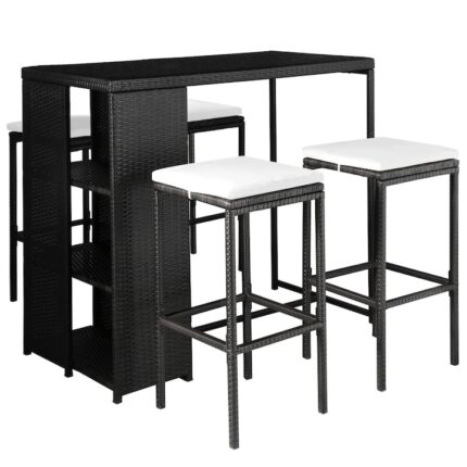 Set mobilier de bar pentru exterior, 5 piese, 1 masa si 4 scaune cu perne, vidaXL, Poliratan, Negru