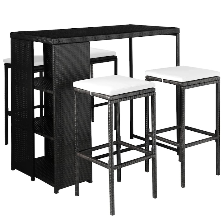 Set mobilier de bar pentru exterior, 5 piese, 1 masa si 4 scaune cu perne, vidaXL, Poliratan, Negru