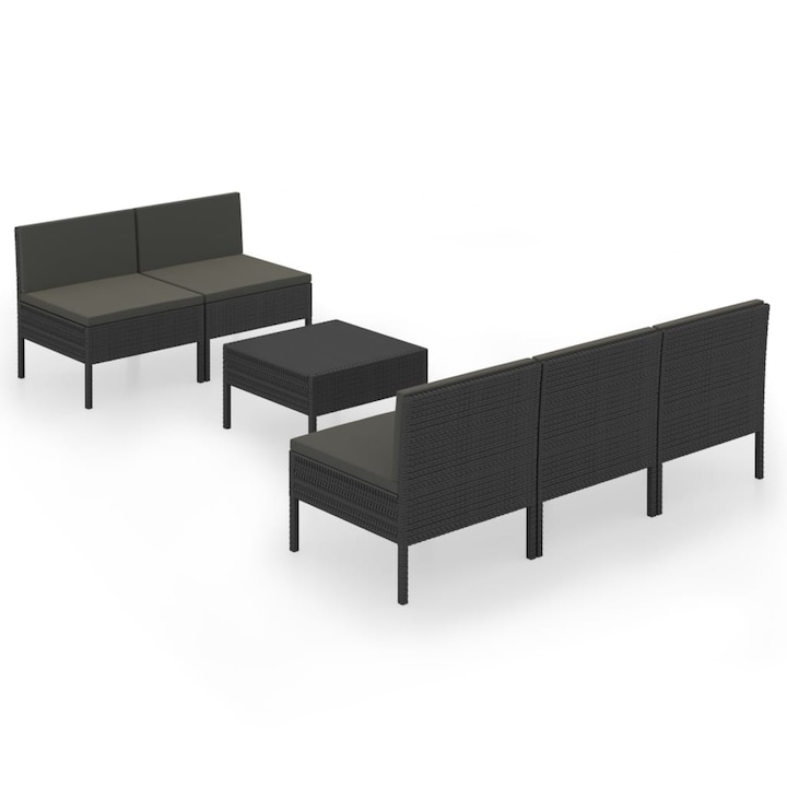 Set mobilier de gradina cu 6 piese cu perne vidaXL, Poliratan, 60 x 60 x 35 cm, Negru