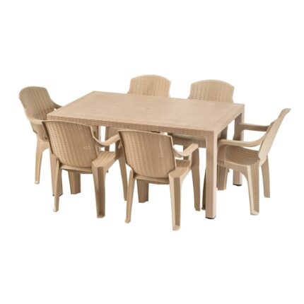 Set masa DacEnergy©, fabricat din polipropilena, cu model impletitura de ratan, forma dreptunghiulara, cu 6 scaune, pentru interior/ exterior, crem