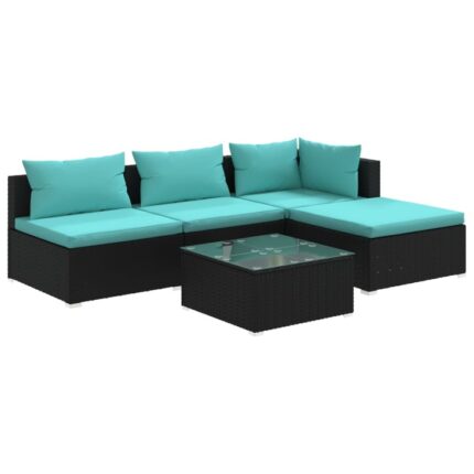 Set mobilier de gradina cu perne vidaXL, 70 x 70 x 60,5 cm, negru, poliratan, 5 piese