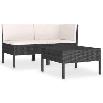 Set mobila de gradina din 3 piese din ratan cu perne vidaXL, Poliratan, 60 x 60 x 35 cm, Negru/Crem
