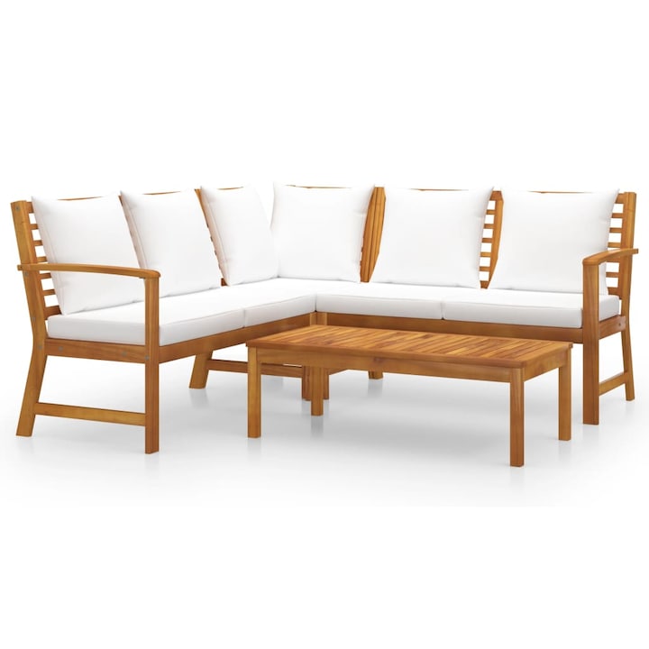Set mobilier de gradina cu perne crem vidaXL, 4 piese, lemn de acacia, 39.4 kg