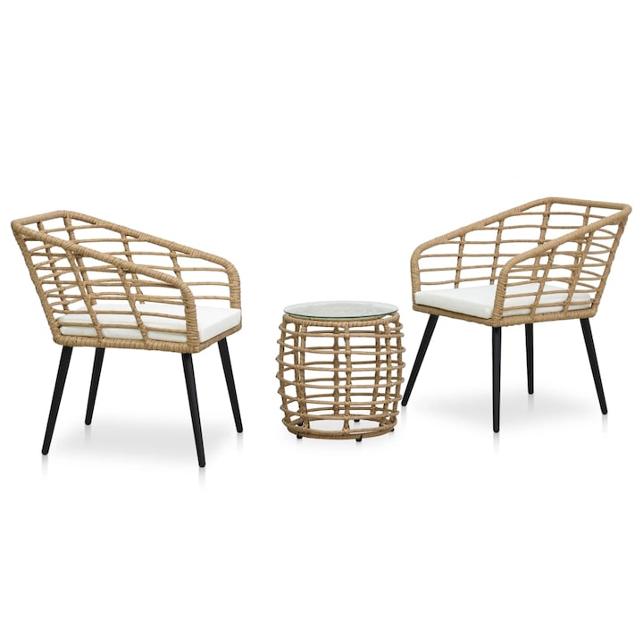 Set mobilier de balcon, 3 piese, vidaXL, Poliratan, 63,5 x 53,5 x 77 cm, Maro/Alb