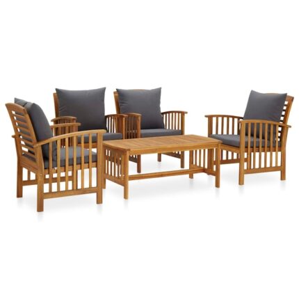 Set mobilier de exterior din 5 piese cu perne gri inchis din lemn de acacia, vidaXL, Lemn, 102 x 50 x 43 cm, Maro