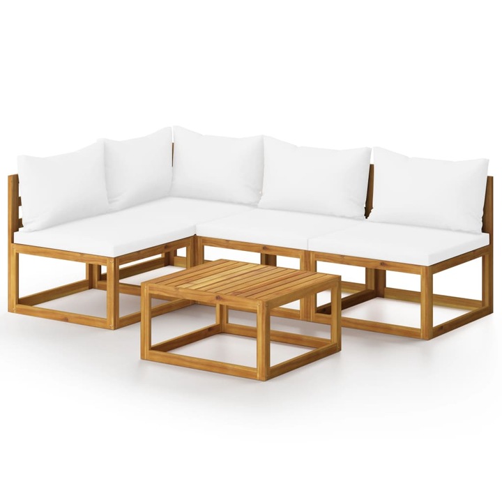 Set mobilier de gradina cu 5 piese cu perne incluse, vidaXL, Lemn de acacia, 68 x 68 x 29 cm, Crem