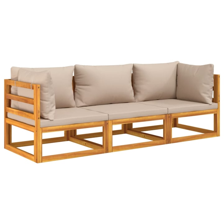 Set mobilier de gradina cu perne gri taupe vidaXL, 3 piese, lemn masiv, 70.5 x 70.5 x 65 cm, 33.6 kg
