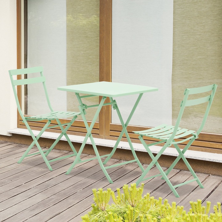 Masuta de cafea Set mobilier exterior Outsunny, 3 piese, Masuta de cafea, 2 scaune pliabile, Verde