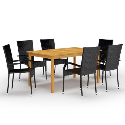 Set mobilier de gradina cu 1 masa din lemn masiv si 6 scaune, vidaXL, Lemn/Ratan, 150 x 90 x 74 cm, Negru
