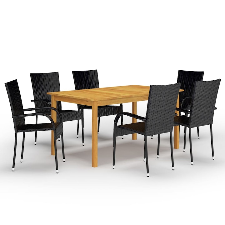 Set mobilier de gradina cu 1 masa din lemn masiv si 6 scaune, vidaXL, Lemn/Ratan, 150 x 90 x 74 cm, Negru