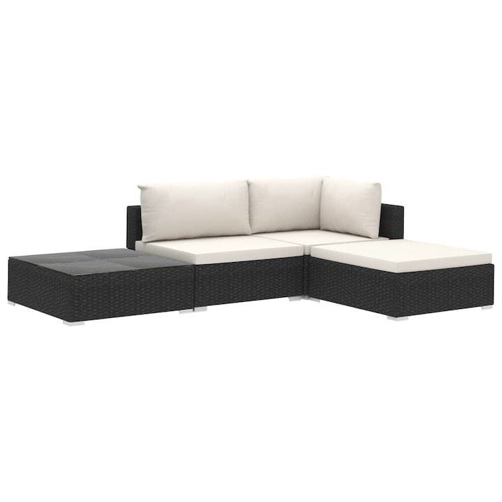 Set mobilier de gradina cu 4 piese cu perne vidaXL, Poliratan, 74 x 74 x 26 cm, Negru