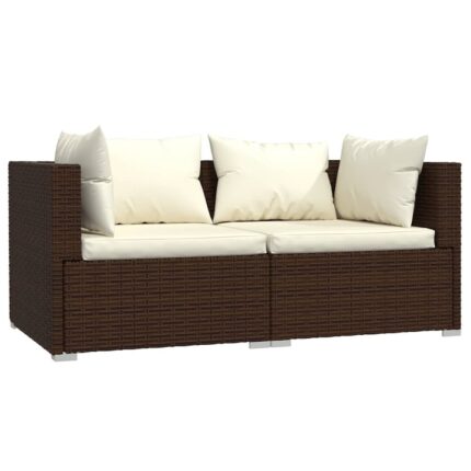 Canapea cu 2 locuri vidaXL, cu perne, maro, poliratan, 140 x 70 x 60,5 cm