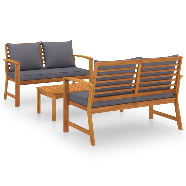 Set mobilier de gradina cu 1 masa si 2 banci cu perne, vidaXL, Lemn de acacia, 100 x 50 x 33 cm, Maro