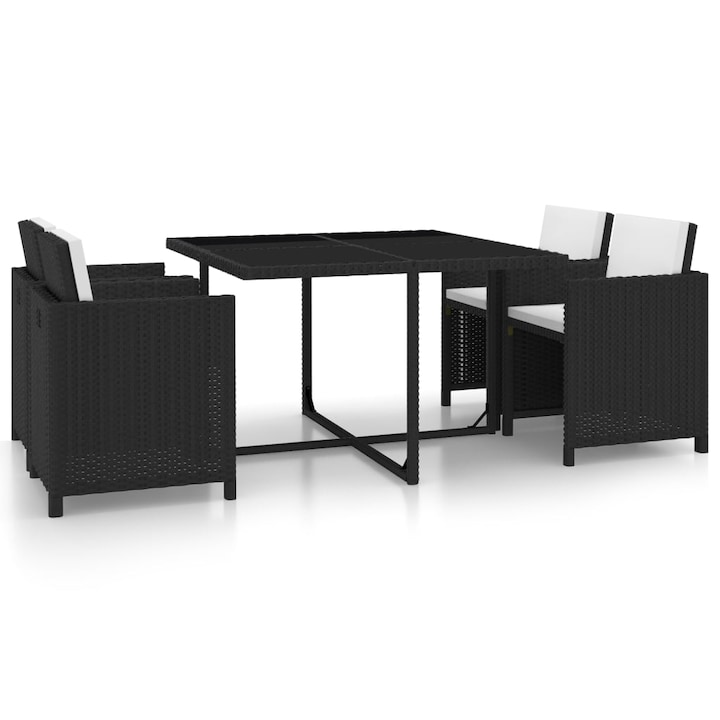 Set mobilier de gradina 5 piese, vidaXL, Negru, Ratan si sticla, 109 x 109 x 74 cm