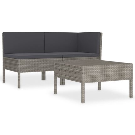 Set mobila de gradina din 3 piese din ratan cu perne vidaXL, Poliratan, 60 x 60 x 35 cm, Gri