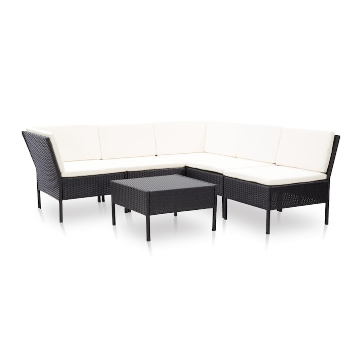 Set mobilier de gradina 6 piese masa cu canapea, vidaXL, Poliratan, 60 x 60 x 35 cm, Negru/Alb