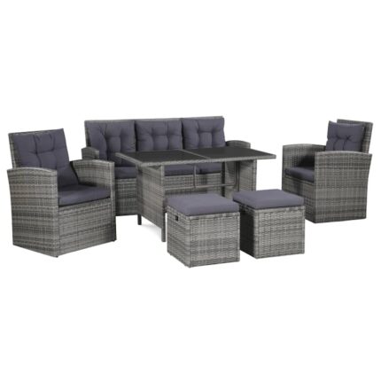 Set mobilier de gradina/terasa/exterior, 6 piese, canapea, 2 scaune, 2 tabureti si 1 masa, vidaXL, Poliratan, Gri, perne incluse