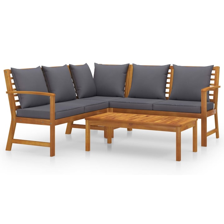 Set mobilier de gradina cu 4 piese cu perne gri inchis, vidaXL, Lemn de acacia, 114.5 x 60.5 x 81cm, Maro