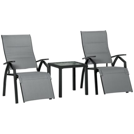 Set 2 sezlonguri cu masuta de gradina, Outsunny, Bumbac/ Metal, 59 x 70 x 107 cm, Gri/ Negru