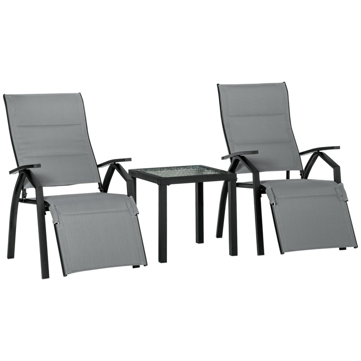 Set 2 sezlonguri cu masuta de gradina, Outsunny, Bumbac/ Metal, 59 x 70 x 107 cm, Gri/ Negru