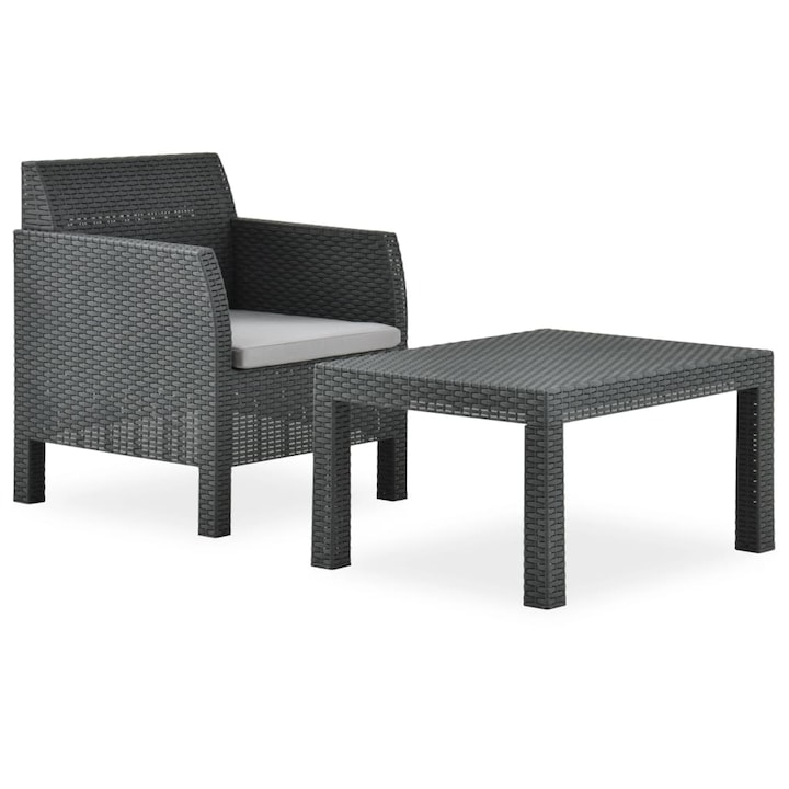 Set mobilier de exterior din 2 piese cu perne vidaXL, PP ratan, 58 x 58 x 41 cm, Antracit