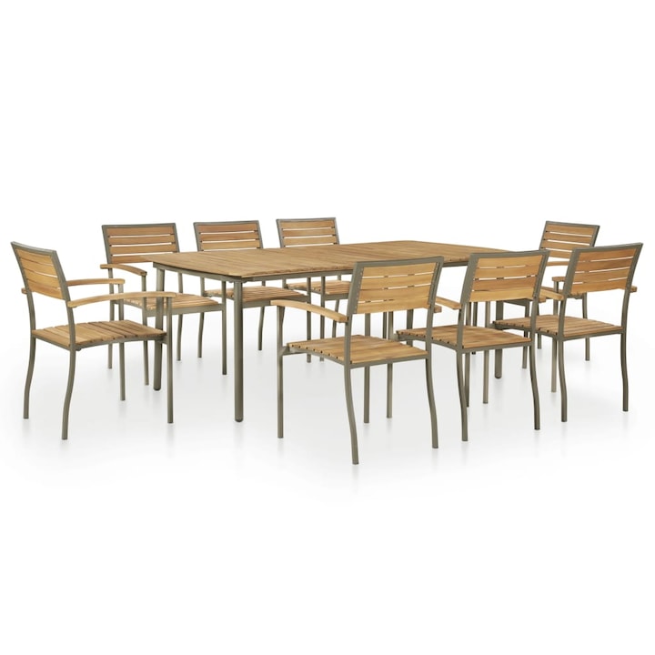 Set mobilier de gradina 9 piese masa cu scaune, vidaXL, Lemn/otel, 200 x 100 x 72 cm, Maro