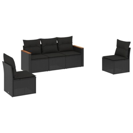Set mobilier de gradina cu perne vidaXL, 5 piese, Rezistenta la raze UV, Picioare reglabile din plastic, negru, poliratan, 38.6 Kg