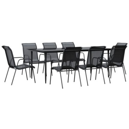 Set mobilier de gradina vidaXL, 9 piese, negru, otel si textilena, 200 x 100 x 74 cm, 42.25 Kg